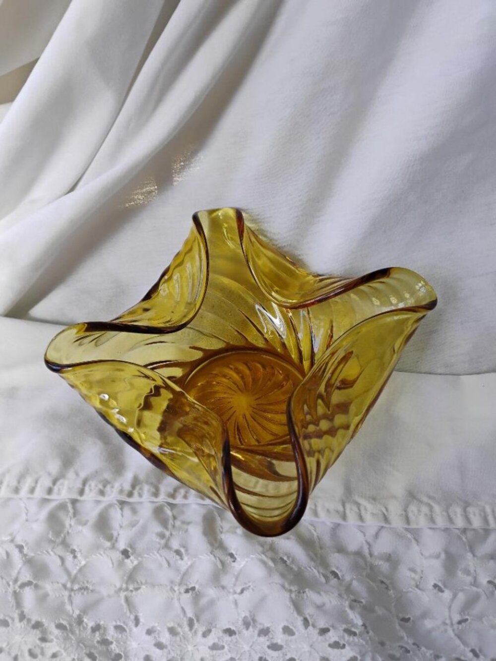 Mid-century modern amber glass candy dish